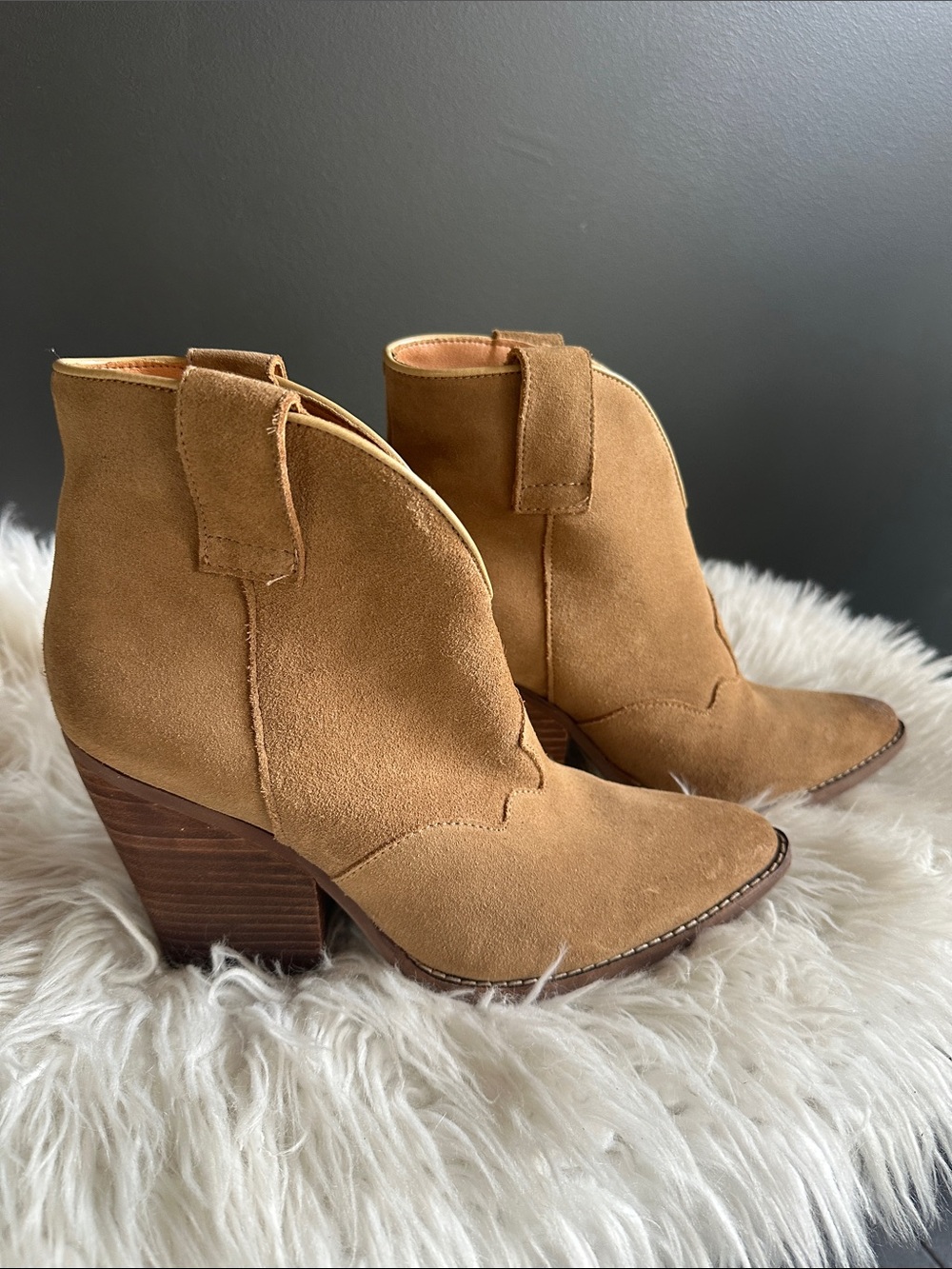 dingo Tan Suede Western Ankle Booties with Stacked Heel